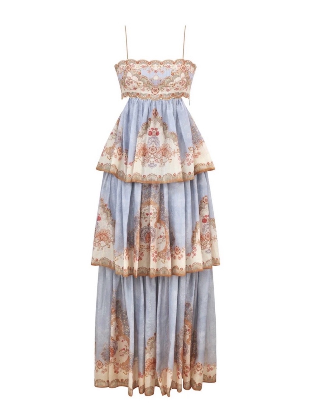 Designer-Style Daylight Tiered Blue Printed Maxi Dress with Gold Accents